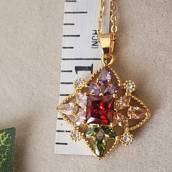 Gold with Multi Color CZ Stones Necklace Earrings Set - Picture 6 of 10